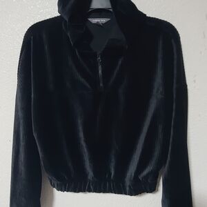 Womens Black Velvet Hoodie Sweatshirt Short Size M